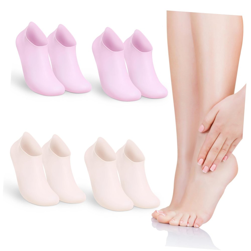 DECHOUS 4Pairs Silicone Moisturizing Socks for Women Foot Protective Spa Use Socks Elastic Gel Socks for Dry Cracked Skin Pink Nude Colors for Foot Care and Hydration