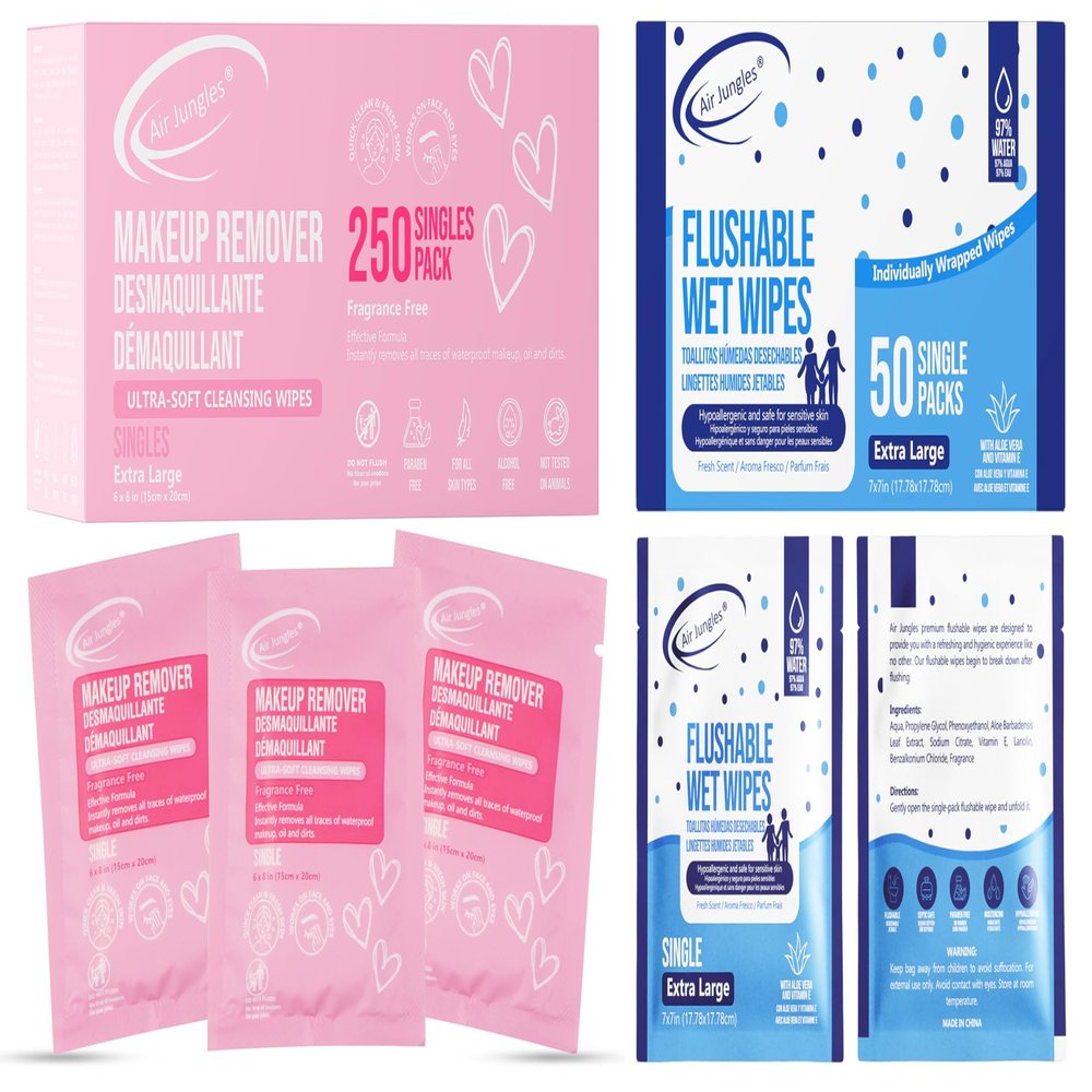 Air Jungles On-the-Go Personal Care Wipes Bundle  Makeup Remover & Flushable Wipes, Individually Wrapped