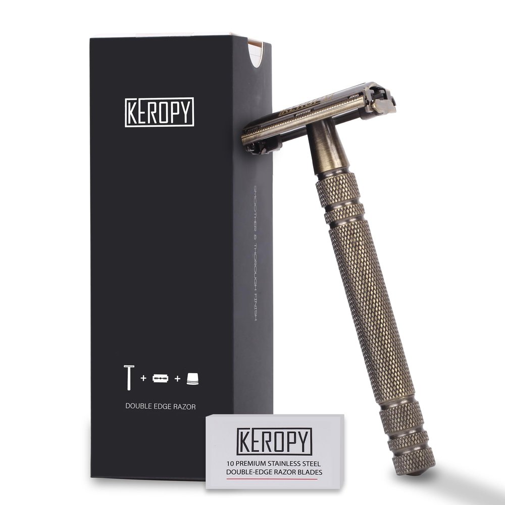 Premium Brass Double Edge Safety Razor Kit, Heavy Duty Anti-Rust Shaver for Classic Wet Shave - Luxury Shaving Gift for Him, Dad - High-End Reusable Razor Set - Bronze