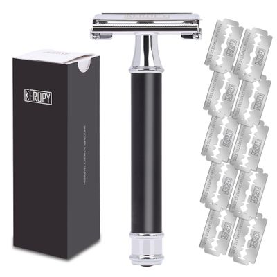 Mens Safety Razor, Black Matte Finish Heavy Weight DE Safety Razor for Wet Shaving, includes 10 Keropy Blades - Vintage Classic Design, Non-Slip Handle - Ideal Gift for Men, Father's Day, Birthday