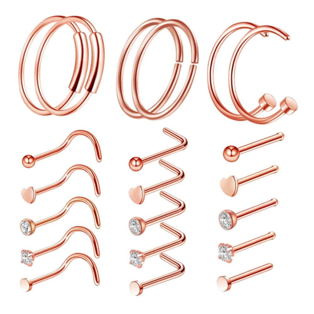 BESPORTBLE 21Pcs Piercing Jewelry Kit Stainless Steel Nose Rings Studs for Parties and Dances Creative Durable Nose Piercings Hypoallergenic Jewelry Mixed Rose Gold