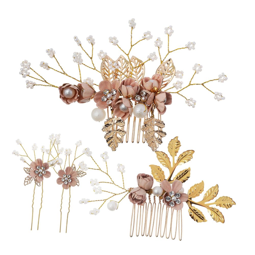 Beatifufu 4-Piece Flower Pearl Hair Side Combs Set Decorative U-Shaped Bridal Hairpins Rhinestones Wedding Hair Accessories for Women