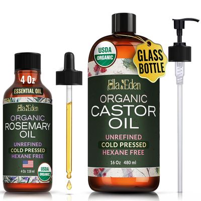 Ella & Eden Organic Castor Oil 16 Oz & Organic Rosemary Oil 4 Oz | for Hair Growth, Face, Skin | Cold-Pressed, Unrefined, USDA Certified, Hexane-Free, 100% Pure