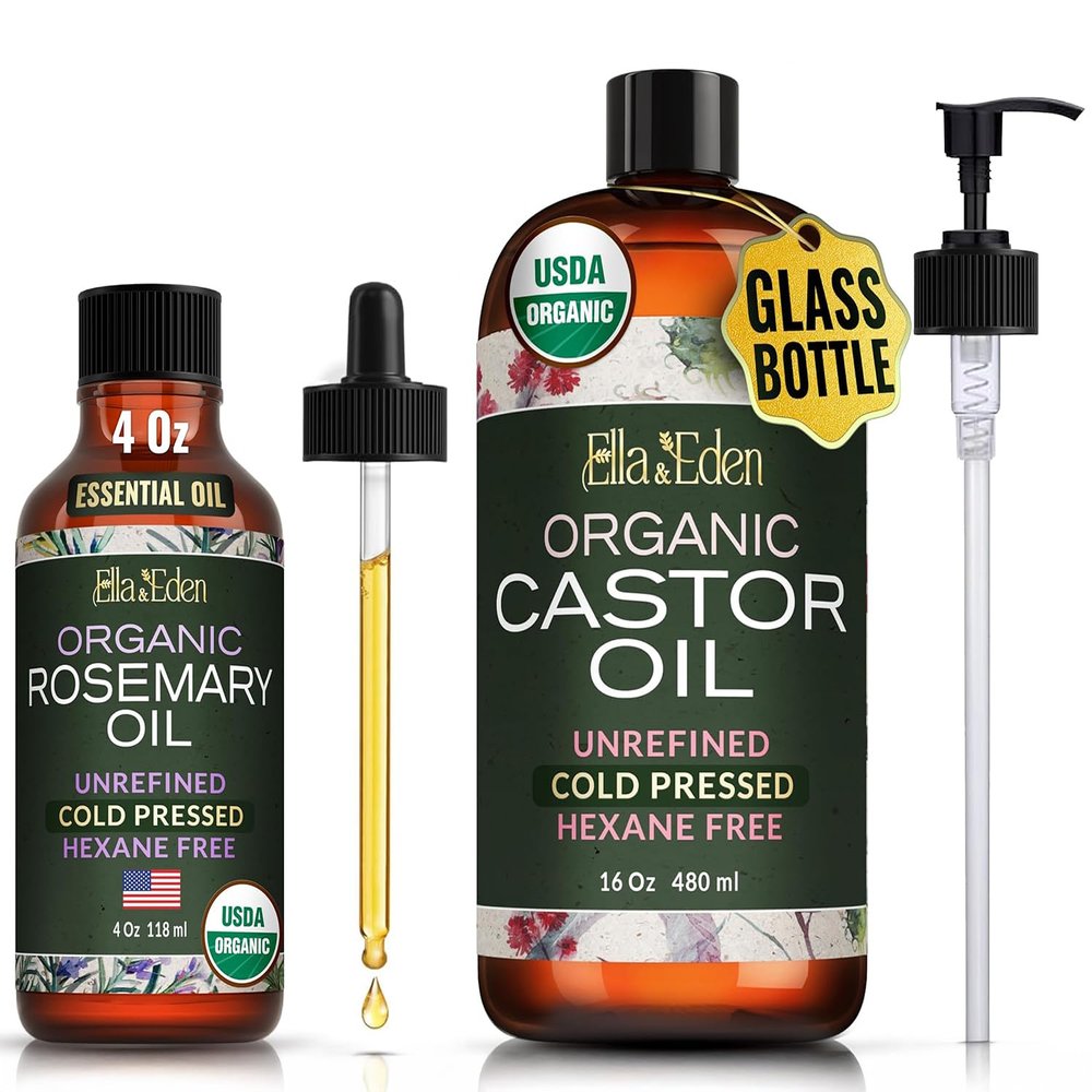 Ella & Eden Organic Castor Oil 16 Oz & Organic Rosemary Oil 4 Oz | for Hair Growth, Face, Skin | Cold-Pressed, Unrefined, USDA Certified, Hexane-Free, 100% Pure