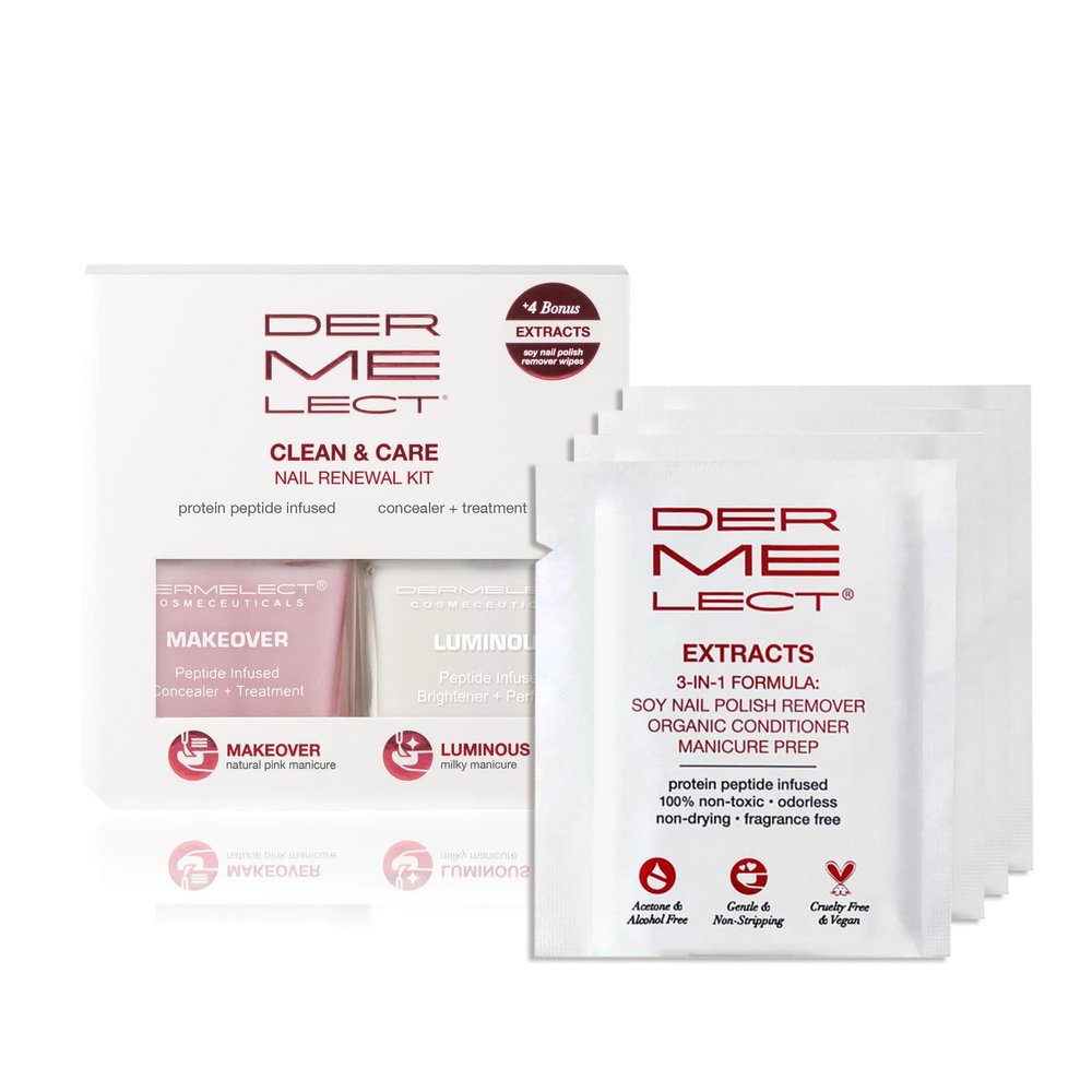 Dermelect Clean & Care Nail Renewal Kit Nailcare Treatment Set with Ridge Filler, Nail Brightener & Polish Remover Wipes Strengthens, Brightens & Restores Damaged, Discolored, Weak Nails