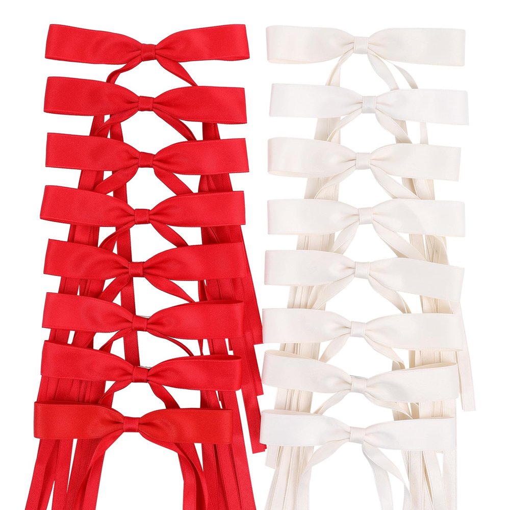 WORTL Red Hair Bows Clips Coquette Ribbon Bowknot with Long Tail Princess Hair Bows French Barrettes Hair Accessories for Women Girls 16PCS (Red, Cream)
