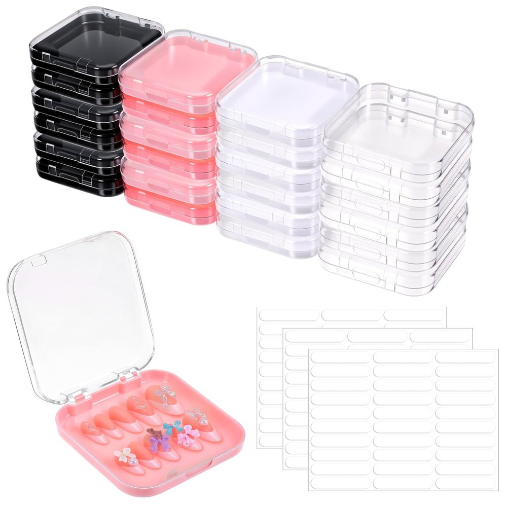 24pcs Press On Nails Packaging Boxes with Double Sided Adhesive Nails Tape Acrylic Press On Nailes Storage Box in 4 Colors Artificial Nail Display Box for Presses on Nail Business Nailes Art Nai