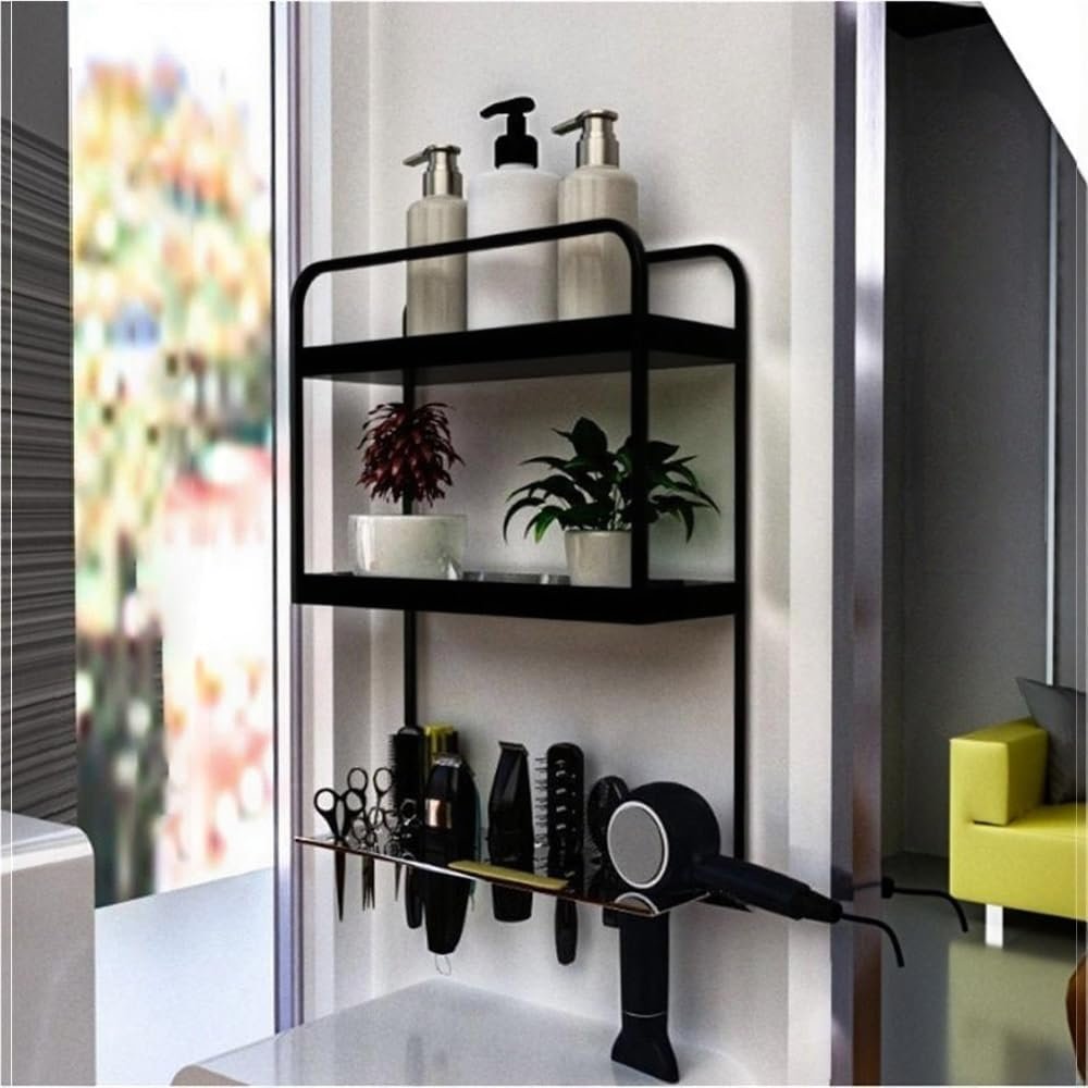 3-Tier Wall-Mounted Hair Dryer Holder, Metal Hair Tool nizer Rack for Salon & Barber Shops, Space-Saving Storage Solution (Black)