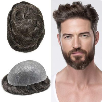 Healthlif Toupee For Men Ultra Thin Skin Human Hair Piece For Men Toupee V-loop Natural Looking Hair Replacement System Hairpiece 8x10#230#2 DARKEST BROWN+30% GREY 80% Density