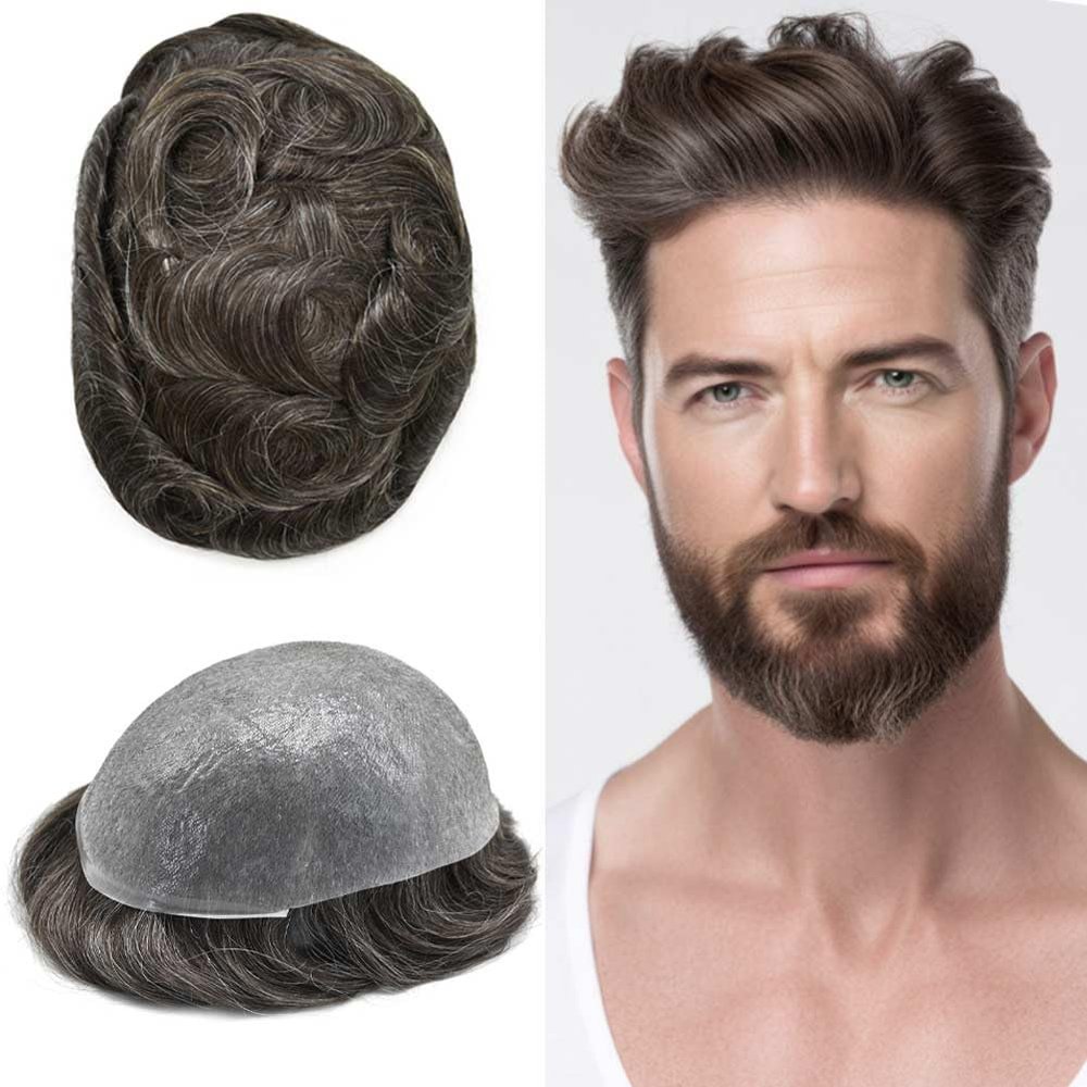 Healthlif Toupee For Men Ultra Thin Skin Human Hair Piece For Men Toupee V-loop Natural Looking Hair Replacement System Hairpiece 8x10#230#2 DARKEST BROWN+30% GREY 80% Density