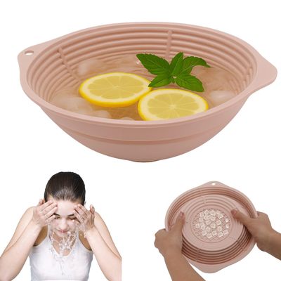 Foldable Silicone Face Ice Bath Bowl with Ice Grid, Portable Reusable Cold Plunge Washbasin for Home Travel Skin Tightening Pore Shrinking Glowing Skin(Pink)