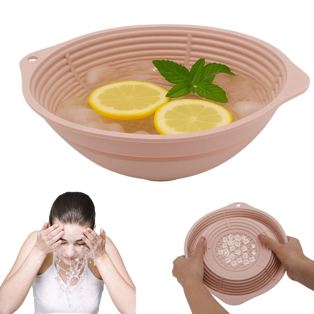Foldable Silicone Face Ice Bath Bowl with Ice Grid, Portable Reusable Cold Plunge Washbasin for Home Travel Skin Tightening Pore Shrinking Glowing Skin(Pink)