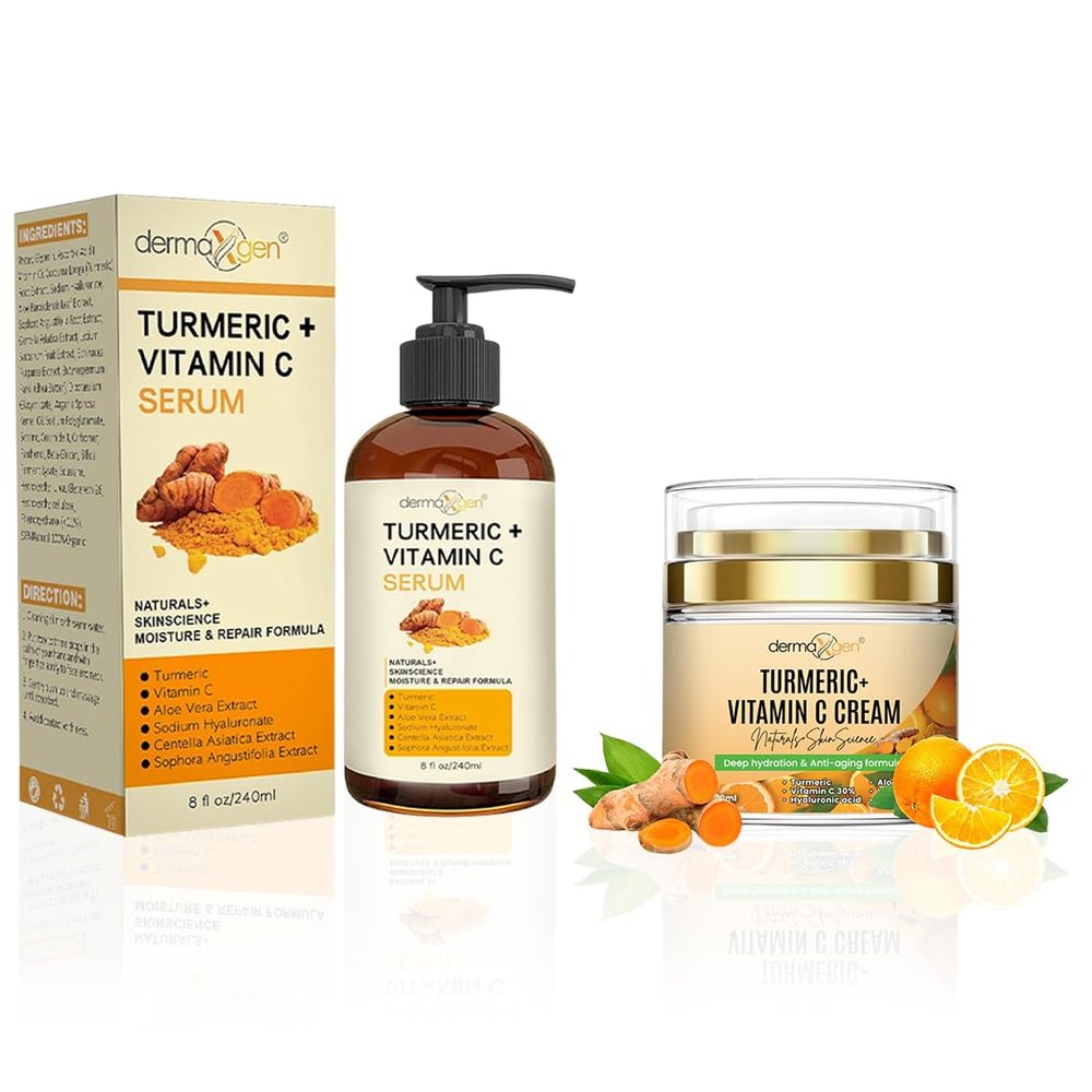 Turmeric Serum & Vitamin C Face Cream Set  Hydrating & Glow-Boosting Skincare Duo with Organic Ingredients  Daily Moisturizer & Serum for Radiant, Nourished-Looking Skin