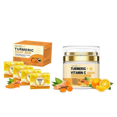 DERMAXGEN Turmeric Skincare Bundle  Organic Turmeric Soap Bars (Pack of 4) & 30% Vitamin C Face Cream  Hydrating & Glow-Enhancing Moisturizer for Face & Body  For All Skin Types