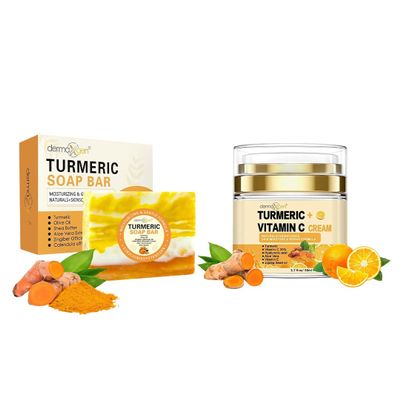 DERMAXGEN Turmeric Skincare Set Organic Soap Bar & Face Cream with 30% Vitamin C Hydrating Glow-Boosting Moisturizer & Natural Handcrafted Cleanser for Face & Body Suitable for All Skin Types