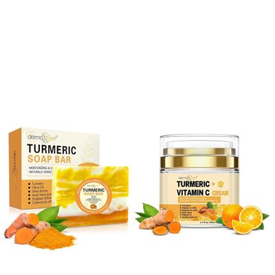 DERMAXGEN Turmeric Skincare Bundle  Organic Turmeric Soap Bar (7 oz) & Face Cream with 30% Vitamin C  Hydrating & Glow-Enhancing Set for Face & Body  Suitable for All Skin Types