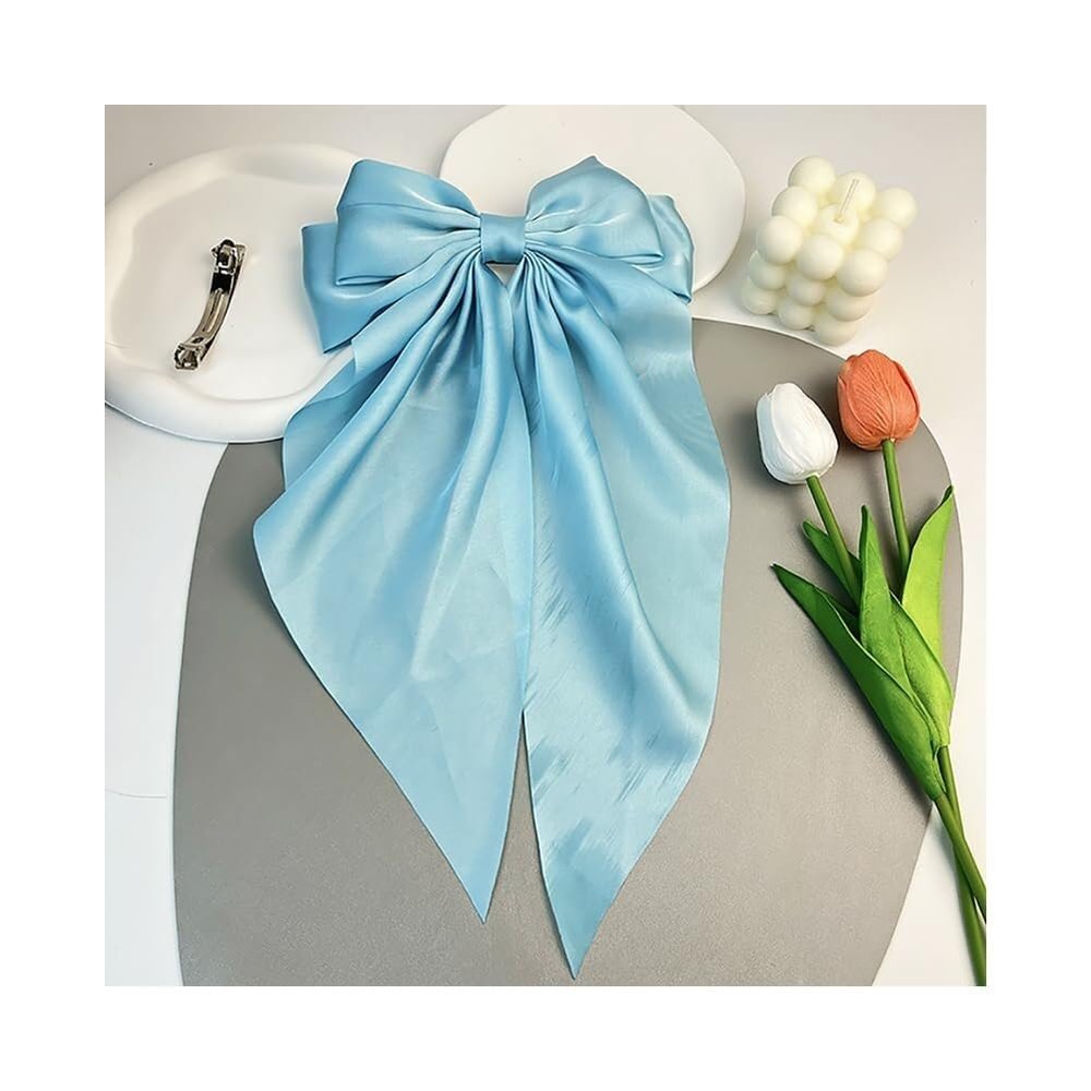 5Pcs Large Bow Hair Clips Oversized Satin Silky Hair Bow Clips with Long Tail Giant Coquette Bows Hair Accessories for Women Girls,(Sky Blue)