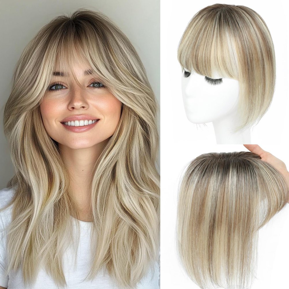 Hair Toppers for Women Real Human Hair Toppers with Bangs Hairpieces for Women with Thinning Hair 360 Cover Pieces 3 * 4.5 Swiss Base Hairpieces 10Inch (Ombre Light Brown with Blond Highlight)