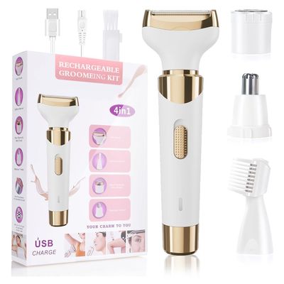 4 in 1 Electric Razor for Women - Rechargeable Painless Hair Remover, Wet & Dry Bikini Trimmer for Legs, Underarms, Face, Eyebrow & Bikini Area - All-in-One Grooming Kit (Gold)