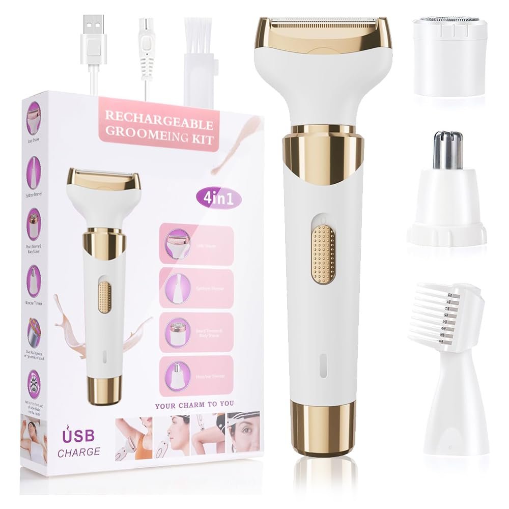 4 in 1 Electric Razor for Women - Rechargeable Painless Hair Remover, Wet & Dry Bikini Trimmer for Legs, Underarms, Face, Eyebrow & Bikini Area - All-in-One Grooming Kit (Gold)