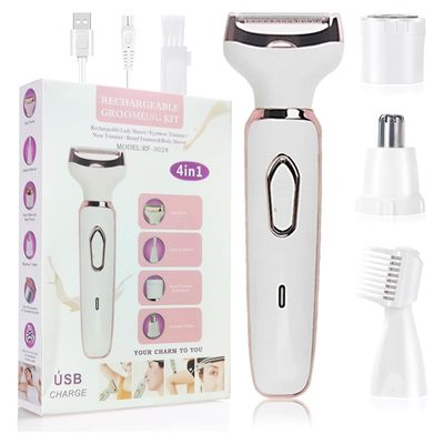 4 in 1 Electric Razor for Women - Rechargeable Painless Hair Remover, Wet & Dry Bikini Trimmer for Legs, Underarms, Face, Eyebrow & Bikini Area - All-in-One Grooming Kit (Purple)