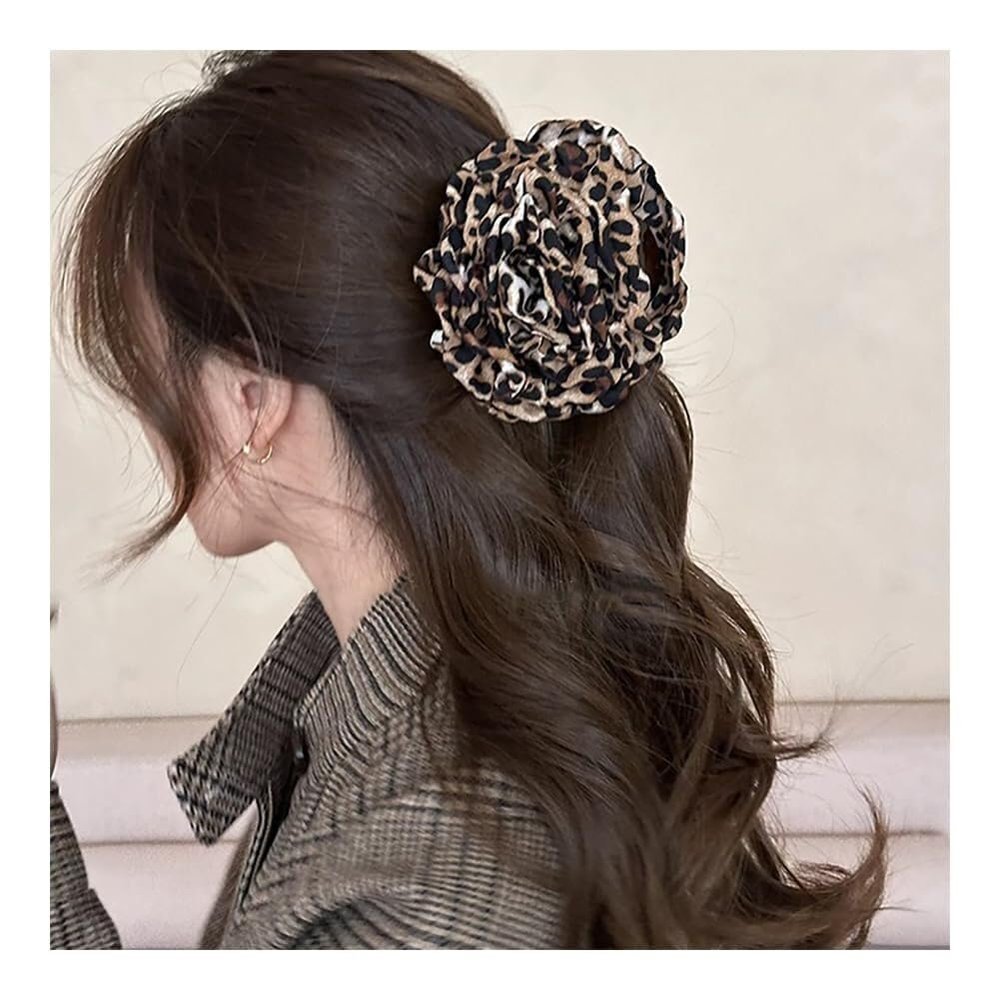 2 Pcs Large Rose Hair Claw Clips for Women, 2.7" Rose Flower Hair Clip Ponytail Hairpin Floral Hair Accessories for Women Thin/Thick Hair,(Brown Leopard)