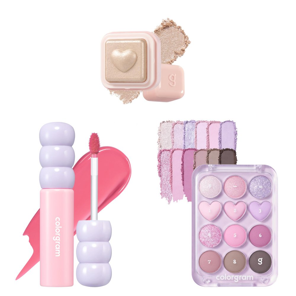 COLORGRAM Fruity Glass Tint 07 Shy Guava + Milk Bling Heartllighter 01 Peach Heart + Pin Point Eyeshadow Palette 03 Pink+Lavender | Waterproof Lip Stain & Silky Highlighter & K-Beauty Eye Palette