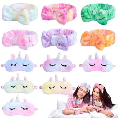 12-Piece Sleepover Set, Cute Bow Headbands & Animal Masks, Plush Sleep Eye Covers & Spa Headbands for Women