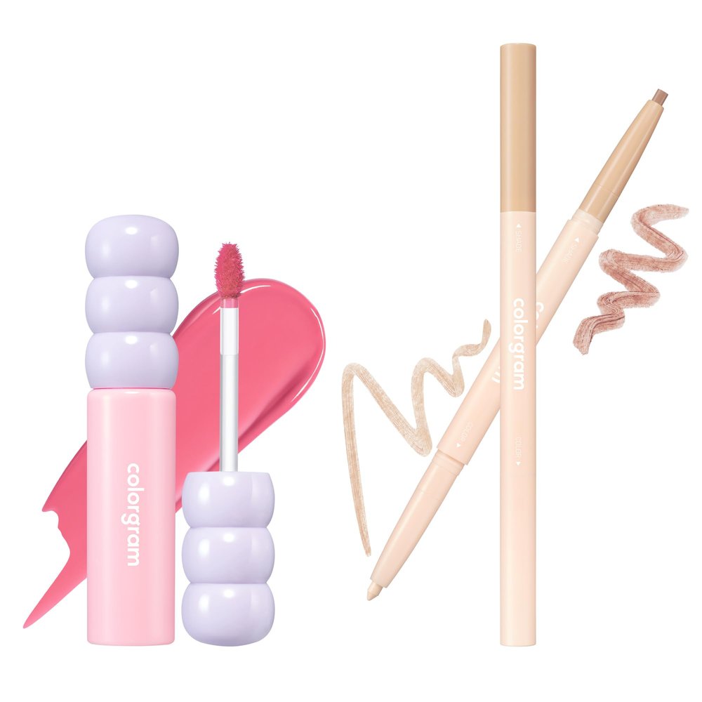 COLORGRAM Fruity Glass Tint 07 Shy Guava + Under Eye Highlighter Stick 03 Real Tone | Korean Long Lasting Waterproof Lip Stain & Silky Smooth Long Lasting Highlighter