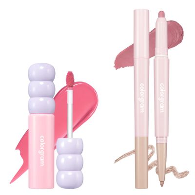 COLORGRAM Fruity Glass Tint 07 Shy Guava + All In One Over-Lip Maker 05 Cool Rose | Korean Long Lasting Waterproof Lip Stain & Versatile Lip Liner