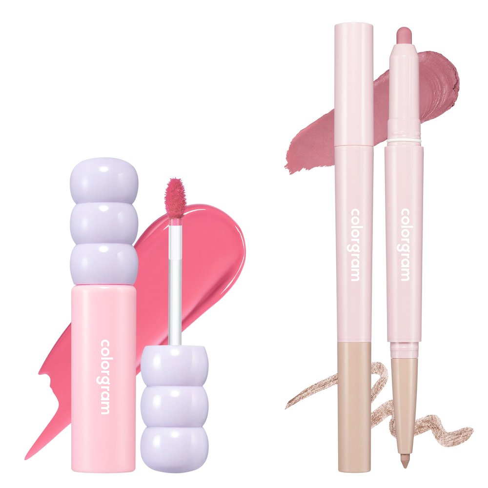 COLORGRAM Fruity Glass Tint 07 Shy Guava + All In One Over-Lip Maker 05 Cool Rose | Korean Long Lasting Waterproof Lip Stain & Versatile Lip Liner