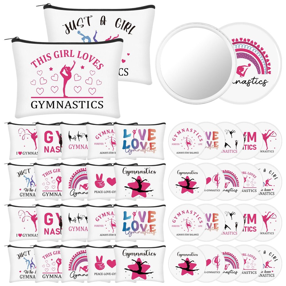 20 Sets Gymnastics Gifts Gymnastics Makeup Bag for Women with Compact Mirror Inspirational Cosmetic Bag Gymnasts Inspirational Gifts Gymnastic Coach Gift for Sports Lovers Birthday Christmas Gift