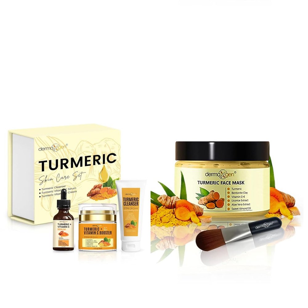 DERMAXGEN Turmeric Skincare & Clay Mask Stick Bundle Organic Facial Kit for Hydration, Pore Care & Radiance Vitamin C Clay Mask + Turmeric Day & Night Skincare Set for a Refreshed Look