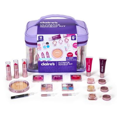 Claire's Ultimate Makeup Kit, 18-Piece Real Cosmetic Set, Makeup for Kids 8-12, Girl Toys & Beauty Activity Gift with Lip Gloss, Lipstick, Eyeshadow, Eyeliner, Blush, Highlighter & Carry Case