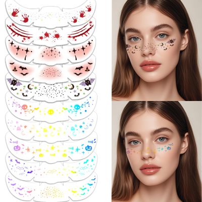 10Pcs Glitter Freckles Face Tattoo,Halloween Face Glitter Makeup Patches Horror Sparkle Freckles Patches Waterproof Makeup Speckles for Face Accessories Festival Rave