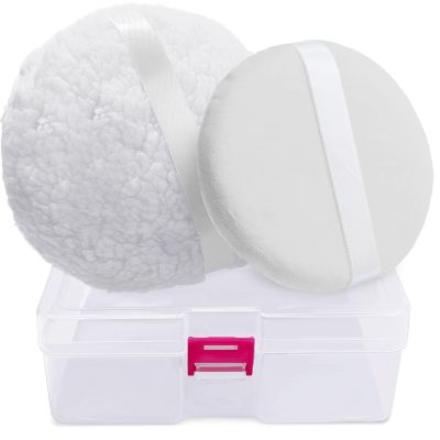 2pcs Powder Puffs, 6'' Powder Puff for Body and 5'' Dusting Powder Puff and Container, Extra Large, Fluffy Soft, Reusable&Washable