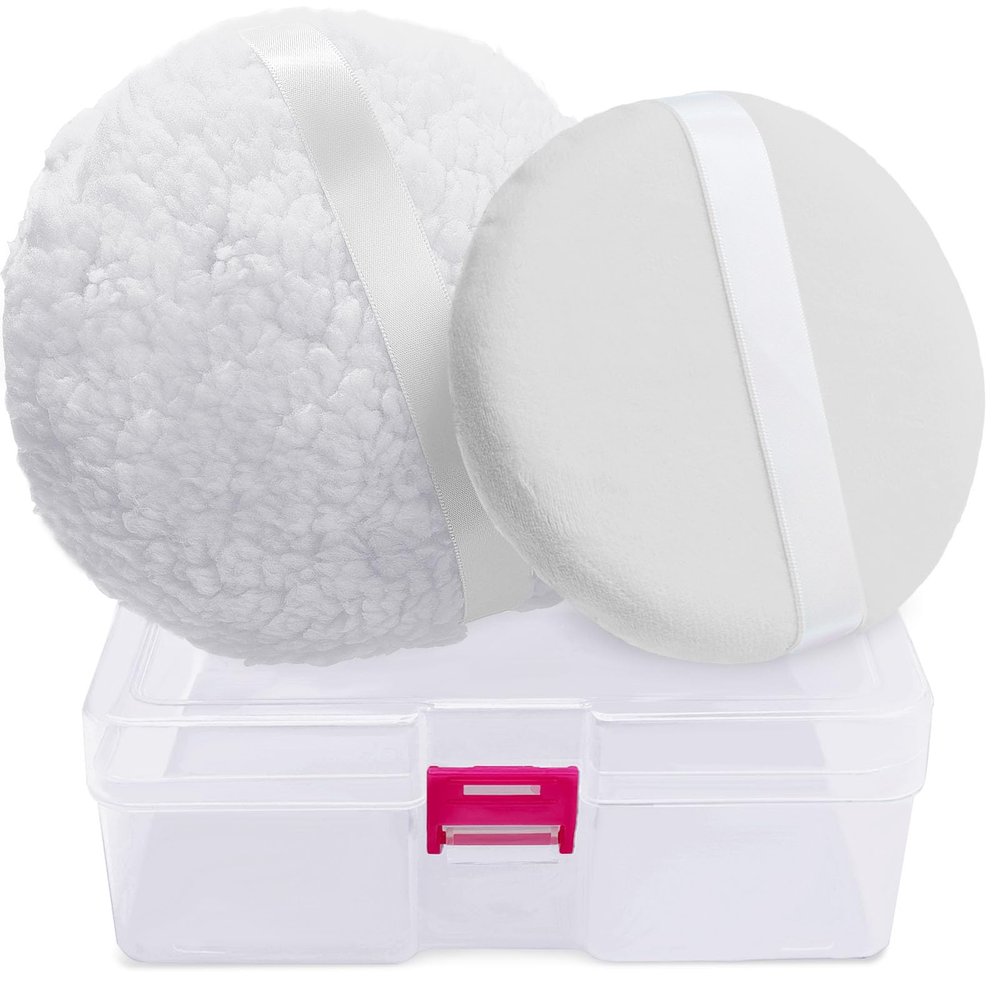 2pcs Powder Puffs, 6'' Powder Puff for Body and 5'' Dusting Powder Puff and Container, Extra Large, Fluffy Soft, Reusable&Washable
