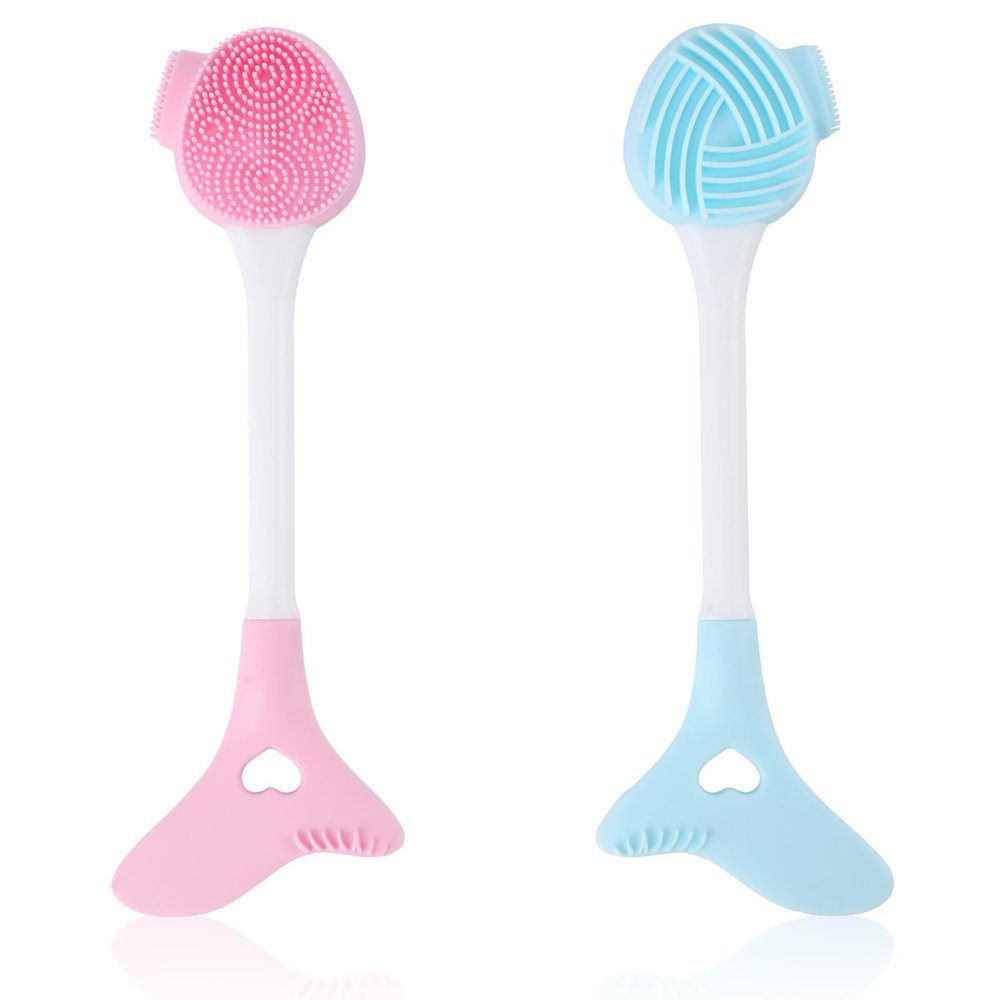 2pcs Silicone Facial Cleansing Brush, Dual-Ended Face Scrubber Exfoliator Pore Mask Cleaning Brush Lip Scrub Exfoliating for Massaging, Makeup Skincare Removal (Blue, Pink)