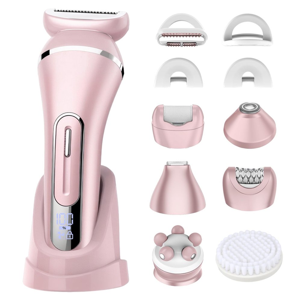 Electric Shavers for Women, 7 in 1 Hair Removal Kit with Epilator Bikini Trimmer Face Razor Body Brush Face Massager Foot Callus Remover, IPX7 Waterproof Lady Razors Set for Legs Armpit Bikini Pubic
