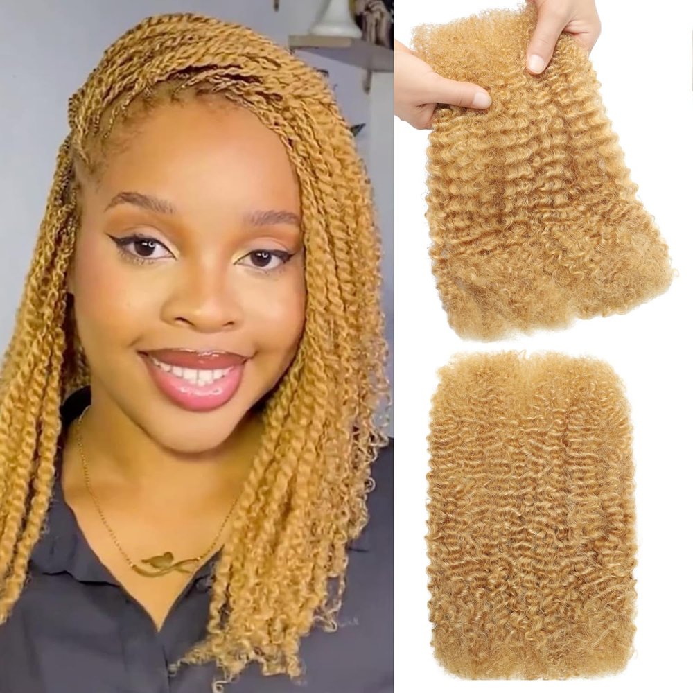 Afro Kinkys Bulk Human Hair 50g/Pack for Mini Twist, Braiding Hair for Dreadlocks, Loc Repair, Twists, Dreadlock Extensions No Short Hair Honey Blonde 20 Inch 27#