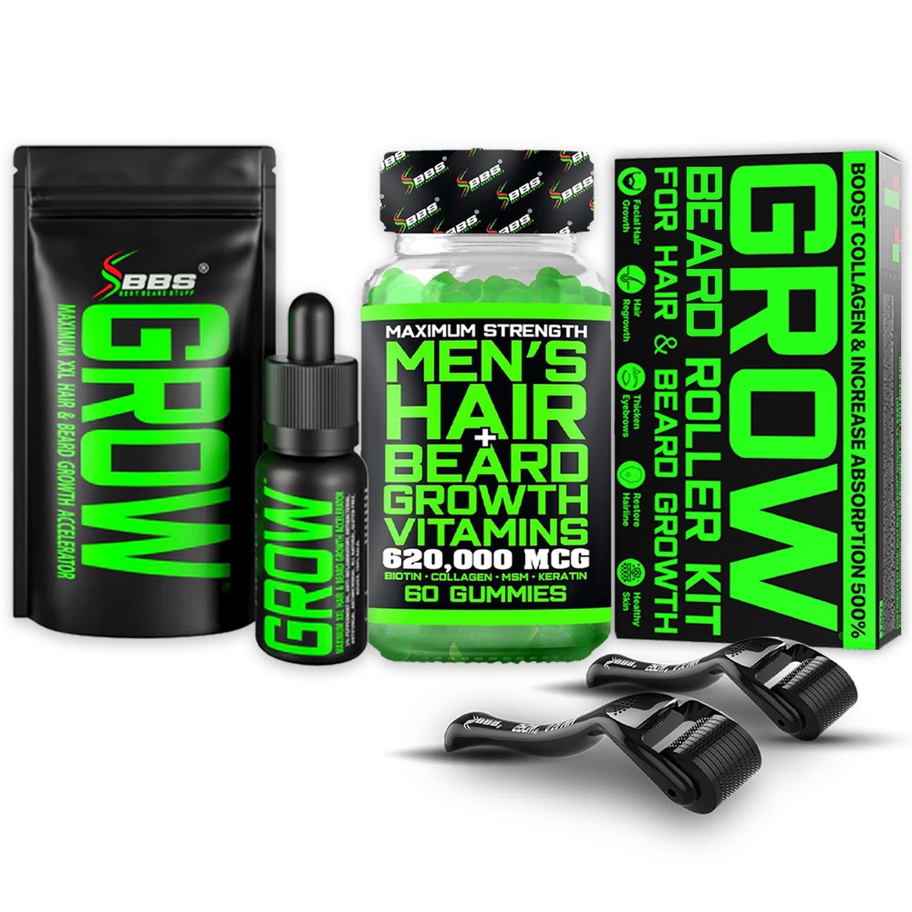 GROW Beard Oil + Biotin Hair Vitamins Gummies + Facial Derma Roller Kit  Ultimate Beard Growth Kit for Men  Fills Patches, Stimulates Growth, Thickens Beard