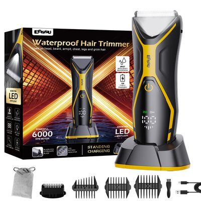 ENSSU Electric Body Hair Trimmer for Men Type-C Rechargeable, Ball Pubic Trimmer Shaver Men with LED Light, Groin Body Groomer for Man, USB Recharge Dock& 1H Fast Charge, LED Display, Black+Yellow