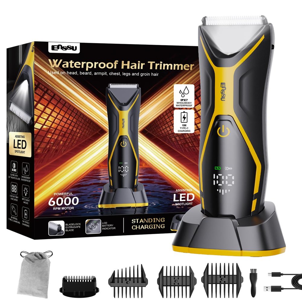 ENSSU Electric Body Hair Trimmer for Men Type-C Rechargeable, Ball Pubic Trimmer Shaver Men with LED Light, Groin Body Groomer for Man, USB Recharge Dock& 1H Fast Charge, LED Display, Black+Yellow