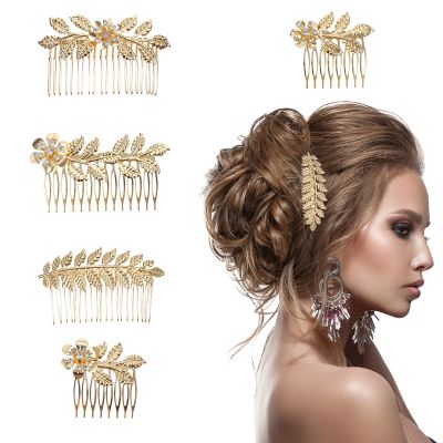 5 PCS Leaf Hair Side Combs for Women, Gold Headpiece Decorative Rhinestone Hair Comb Clips Metal French Twist Slide Comb for Women, Girls, Bride, Bridesmaid Wedding Hairs Accessories (5 Size)