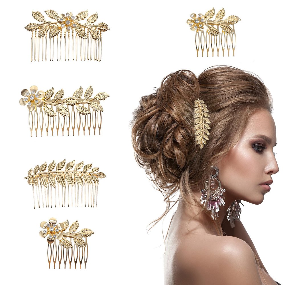5 PCS Leaf Hair Side Combs for Women, Gold Headpiece Decorative Rhinestone Hair Comb Clips Metal French Twist Slide Comb for Women, Girls, Bride, Bridesmaid Wedding Hairs Accessories (5 Size)