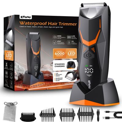 ENSSU Electric Body Hair Trimmer for Men Type-C Rechargeable, Ball Pubic Trimmer Shaver Men with LED Light, Groin Body Groomer for Man, USB Recharge Dock& 1H Fast Charge, LED Display, Black+Orange