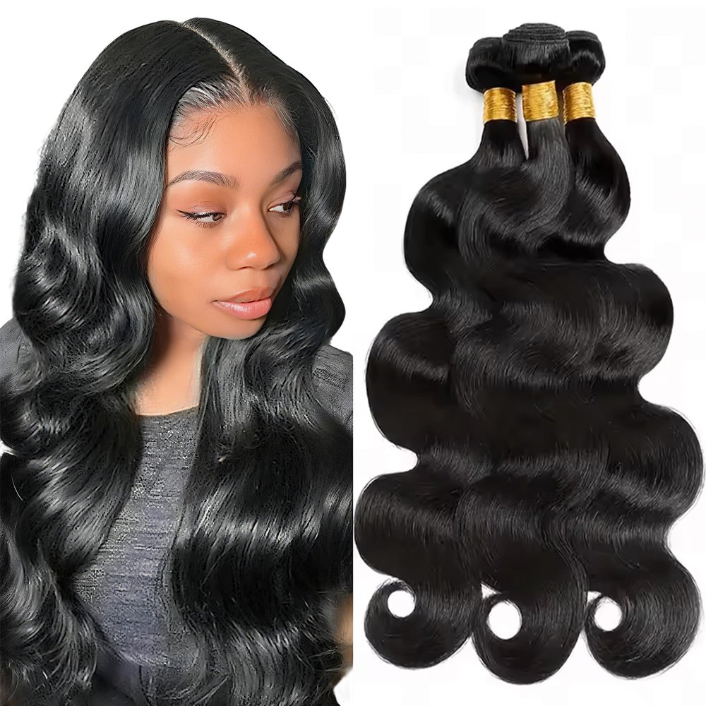 12A Body Wave Bundles Human Hair 1B Color Unprocessed Brazilian Virgin Human Hair Bundles 22 24 26 Inch Natural Black 3 Bundles Double Weft Weave Hair Extension for Women 300g Total