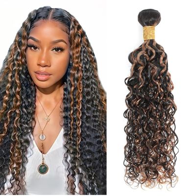 Ombre P1B/30 Highlight Bundles Human Hair Unprocessed Brazilian Virgin Human Hair Single Bundle Black Mixed With Brown 16 Inch Curly Wave Bundle Double Weft Hair Extension for Women 100g Total