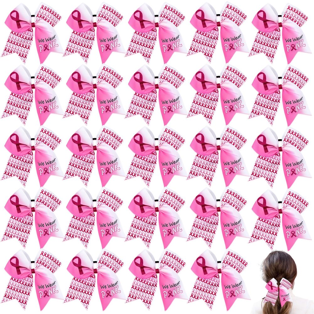 24Pcs 7 Inch Breast Cancer Awareness Cheer Bows Pink Cheer Bow Large Breast Cancer Bow Pink Ribbon Hair Bow Elastic for Teenage Women Cheerleader Charity