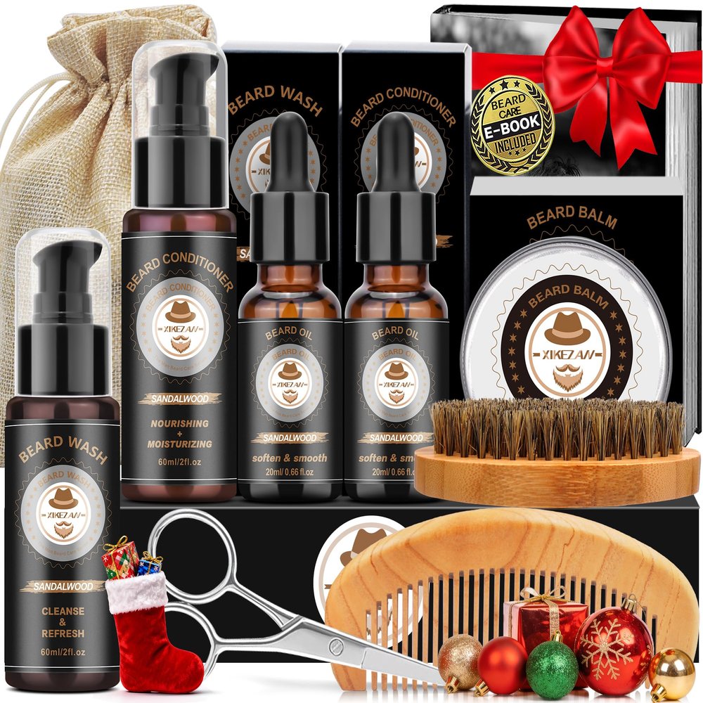 Christmas Gifts for Men,XIKEZAN Beard Care & Trimming Kit with Sandalwood Beard Oil, Wash, Conditioner, Balm,Brush,Unique Valentines Thanksgiving Birthday Gifts for Husband Dad,Mens Stocking Stuffers